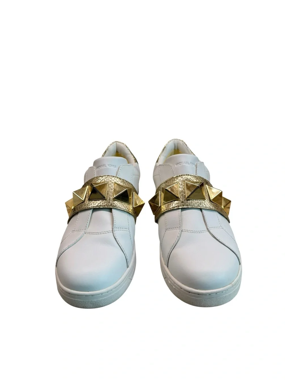 Authentic MICHAEL KORS KENNA White/Gold Leather Pyramid Studs Sneaker 9 M W/Box